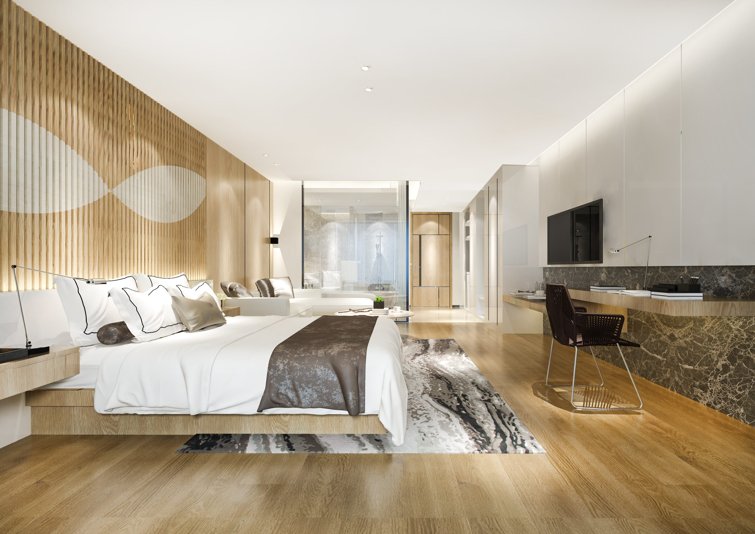 3d rendering modern luxury bedroom suite and bathroom
